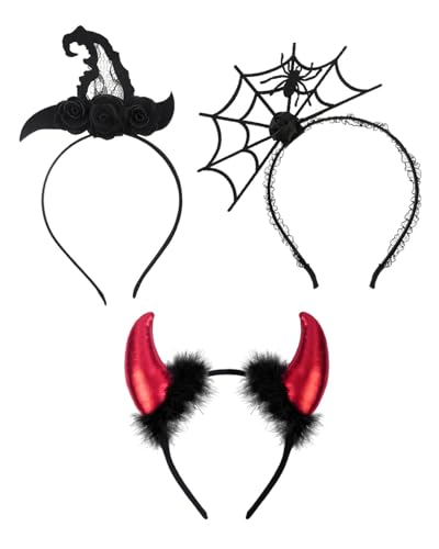 UYRVAPE Halloween Teufelshörner, Kopfschmuck zu Halloween Spinnennetz Hexenhut, Hörner Haarreif Rot, Hörner Kopfschmuck Teufel Accessoire Fasching Party, Haarschmuck für Damen Herren Kinder von UYRVAPE