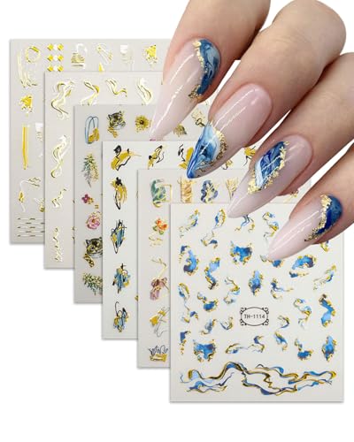 UYRVAPE Nagelsticker Selbstklebend Gold Abstrakte Linie Frühling Blumen Nagelaufkleber Glitzer Aufkleber Nail Art Stickers Zubehör DIY für Damen Mädchen Weihnachten Nagelkunst Dekoration(6 Blatt) von UYRVAPE