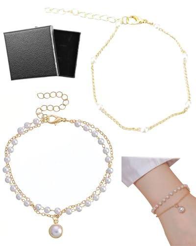UYRVAPE Perlenarmband Damen Gold Perlen Armband - Pearl Bracelet für Brautjungfer Hochzeit Abschlussball Mädchen Perlenschmuck Verstellbare Armband von UYRVAPE