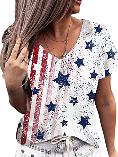 Frauen amerikanische Flaggen T-Shirt USA Stern Streifen 4. Juli T-Shirts Lässiges Amerika Flaggen Druck T-Shirt mit V-Ausschnitt von UYTON