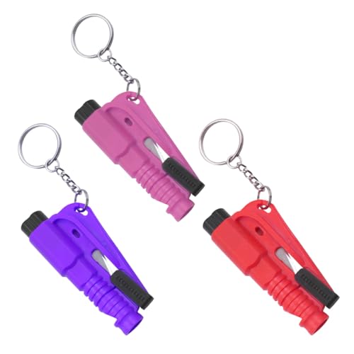 UYVPAER 3 Stück Das Original Notfall-Schlüsselbund-Auto-Fluchtwerkzeug- Sicherheitsschlüsselanhänger 3 In 1 - Notfallglasbrecher, Gürtelschneider, Notfallpfeife(Rosa, Lila, Rot) von UYVPAER
