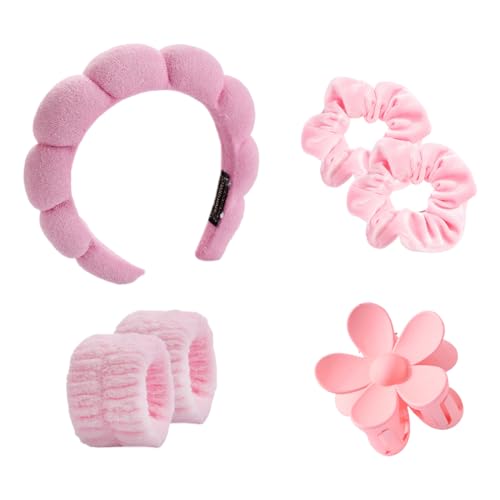 Damen Spa Haarband Haarband, Vintage Gepolsterte Haarreifen, Handgelenk Waschband Set für Hautpflege, Gesichtsreinigung, Dusche, Rosa von UZEYAX