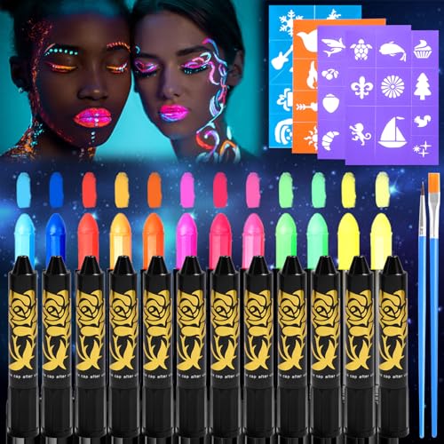 UZSUZZ UV Bodypainting, 12 Farben Neon UV Kinderschminke Set mit 2 Pinsel, 4 Aufkleber, Waschbar Face Paint UV Schminkset, Körperfarbe Kinder UV Buntstifte für Halloween Karneval Make-up Fasching von UZSUZZ