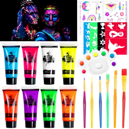 UZSUZZ UV Bodypainting, 8 Farben Neon UV Kinderschminke Set mit 6 Pinsel, 4 Aufkleber, 2 UV Aufkleber und 1 Palette, Waschbar Face Paint UV Schminkset für Halloween Karneval Make-up Fasching von UZSUZZ