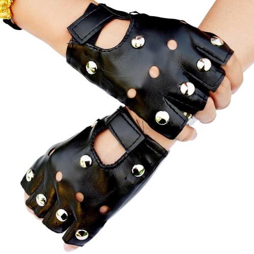 Punk Handschuhe 1 Paar Fingerlose Handschuhe Punk Lederhandschuhe Halbfinger mit Nieten Rock Handschuhe für Herren Damen Kinder Handschuhe Fingerlos Schwarz für Cosplay Rock Hip-Hop Performance von UZSXHJ