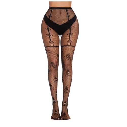 UZYXC 1 Paar Netzstrumpfhose Damen Schwarz mit Totenkopf Muster, Halloween Strumpfhosen für Cosplay Gruselpartys, Elastische Hohe Taille Feinmaschig Bequem, Damen Strumpfhosen für Halloween Cosplay von UZYXC
