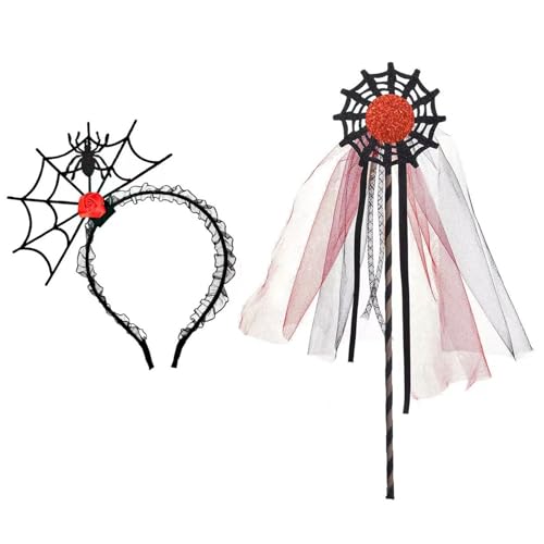 UZYXC 1 Set Halloween Deko Hexen Zubehör Spitzen Spinnennetz Haarreif mit Magic Stick Gruselige Kostüm Accessoires für Rollenspiel, Hexen Accessoires Karneval Cosplay Kostüm Zubehör von UZYXC