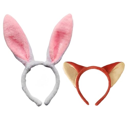 UZYXC 2 Stück Tier Ohren Haarreif mit Extra Large Fake Ears, Überdimensionale Plüschige Hasen und Fuchs Ohren Stirnbänder für Halloween Cosplay Karneval Mottoparty, Weich Bequem für Kinder Frauen von UZYXC