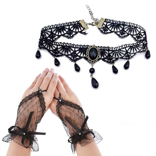 UZYXC 2 Teile Gothic Kostüm Set, Netzhandschuhe Schwarz mit Spitzenkragen Halskette, Maskerade Zubehör für Halloween Party Vampir Ball, Vampir Ball Kostüm Zubehör Elegant von UZYXC