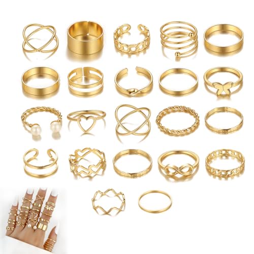 UZYXC 22 Stück Gold Ringe set für Damen, Stapelbare Fingerring Gold Ring, Achmuck Ringe, Offene Verstellbarer Ring Chunky Dome Ring Dicke Offene Ringe Set Stapel Ringe für Frauen von UZYXC