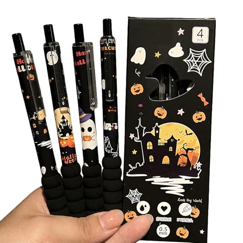 UZYXC 4 Stück Halloween Kugelschreiber Set in Schwarz, Schreibwaren mit Saison Deko Motiven, Geschenkbox Bürobedarf für Schule und Arbeit, Stifte Set für Halloween von UZYXC
