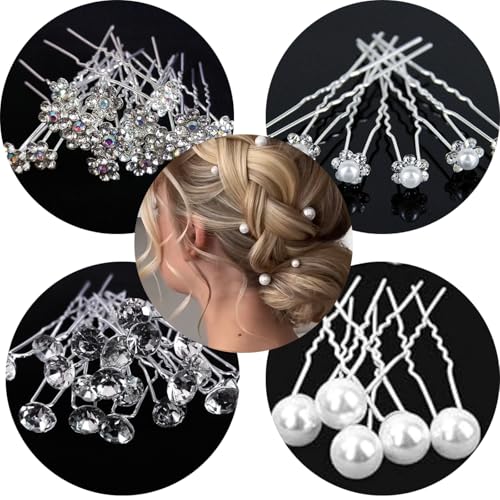 UZYXC 4 verschiedene Modelle Braut-Haarnadeln, 20er-Set, Perlen Haarnadeln Hochzeit Haarnadeln mit Perlen Blume Kristall Strass Haarnadeln Clips Brautjungfer Haarschmuck für Frauen Mädchen, Hochzeit von UZYXC