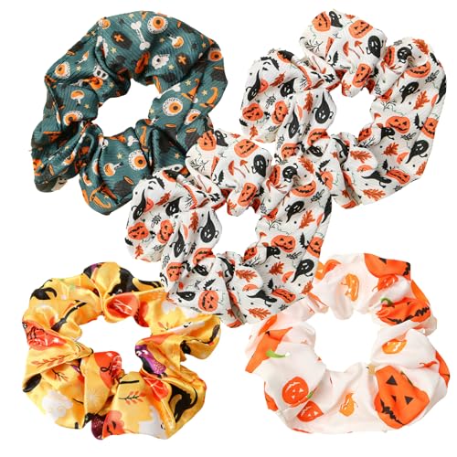 UZYXC 4PCS Halloween Haargummi Damen Extra Groß Scrunchie Satin Haargummis Mädchen mit Gruseligen Drucken für Lockiges Haar Starker Halt Party Accessoires (4er Set) von UZYXC