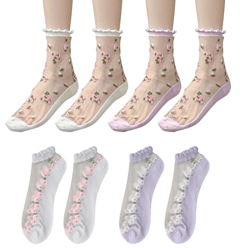 UZYXC Damen Söckchen 4 Paar Sommer: Leichte Blumenmuster Feinstrumpfsöckchen mit Spitzenbesetzten Rüschen, Transparente Nylon-Socken Ultradünn, Bequem Hautnah & Nahtlos, Sandaletten bei heißem Wetter von UZYXC