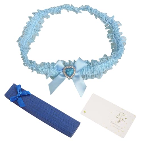 UZYXC Premium Spitzenband für Brautstrumpfband - Blau Hochzeits-Set mit Diamantbesatz, Schleife und Glückwunschkarte in Geschenkbox von UZYXC