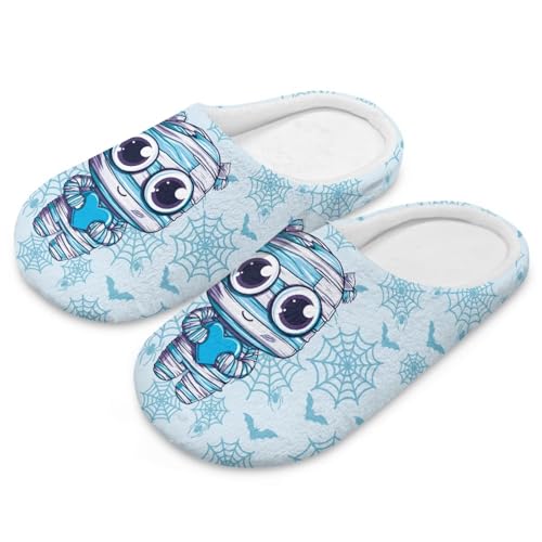 Uacyareni Blau Cartoon und Fledermaus Kürbis Halloween Damen Pantoffeln Warmer Flanell Bequem Flauschig Flach Leichte Freizeit Slipper-42-43 von Uacyareni