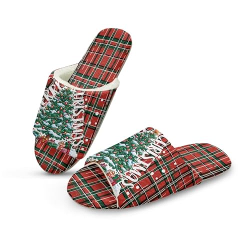 Uacyareni Christmas Tree Plüsch Pantoletten Komfortabel Slipper Hauspantoffeln Warmer Flanell Kuschelige Offene Fersen-44-45 von Uacyareni