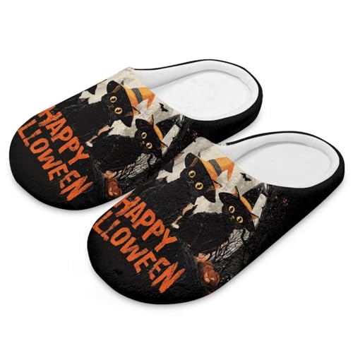 Uacyareni Halloween Damen Pantoffeln Cool Schwarze Katze Cartoon Bequem Flauschig Flach Leichte Freizeit Slipper Warmer Flanell-44-45 von Uacyareni