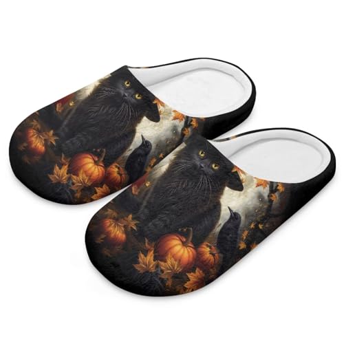 Uacyareni Halloween Damen Pantoffeln Coole schwarze Katze Warmer Flanell Bequem Flauschig Flach Leichte Freizeit Slipper-44-45 von Uacyareni