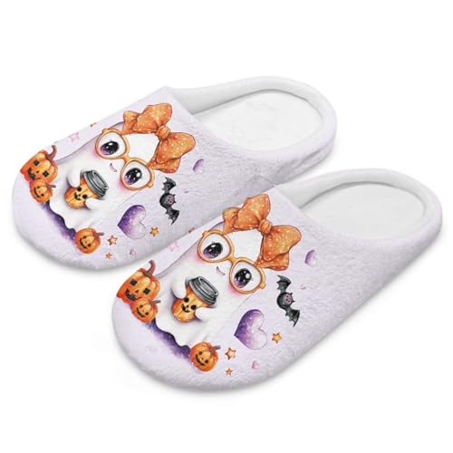 Uacyareni Halloween Damen Pantoffeln Lustiges Gesicht Kürbis Kürbis Hausschuhe Herren Warmer Flanell Bequem Flauschig Flach Leichte Freizeit Slipper-44-45 von Uacyareni