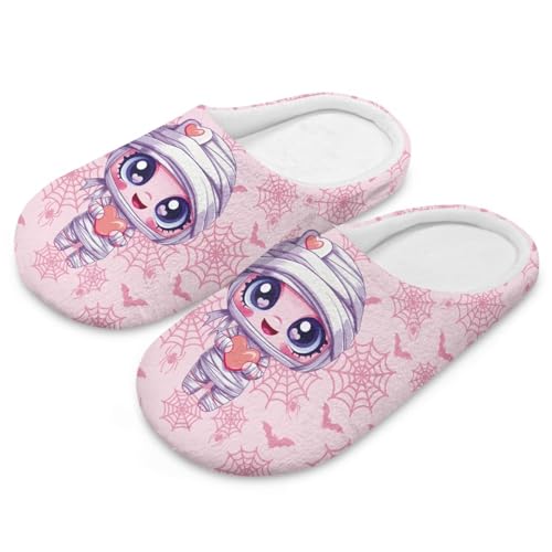 Uacyareni Halloween Damen Pantoffeln Rosa Cartoon und Fledermaus Blumenmuster Cartoon Bequem Flauschig Flach Leichte Freizeit Slipper-36-37 von Uacyareni