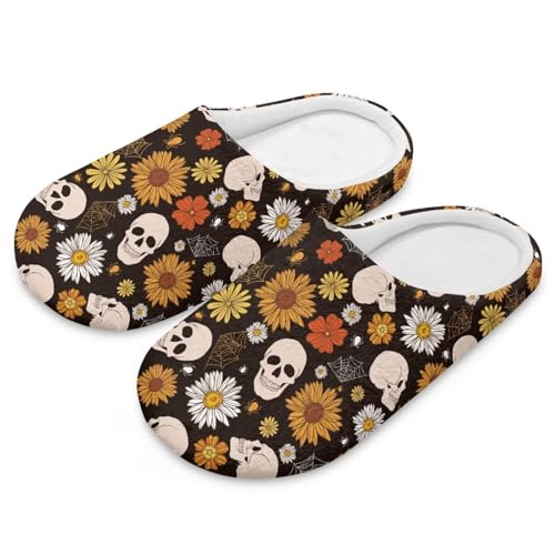 Uacyareni Halloween Damen Pantoffeln Schädel mit Blumenmuster Cartoon Bequem Flauschig Flach Leichte Freizeit Slipper-36-37 von Uacyareni