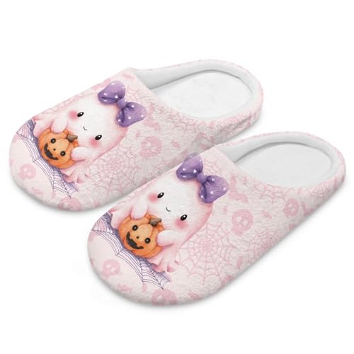Uacyareni Halloween Damen Pantoffeln Süßer Geist Blumenmuster Cartoon Bequem Flauschig Flach Leichte Freizeit Slipper-42-43 von Uacyareni