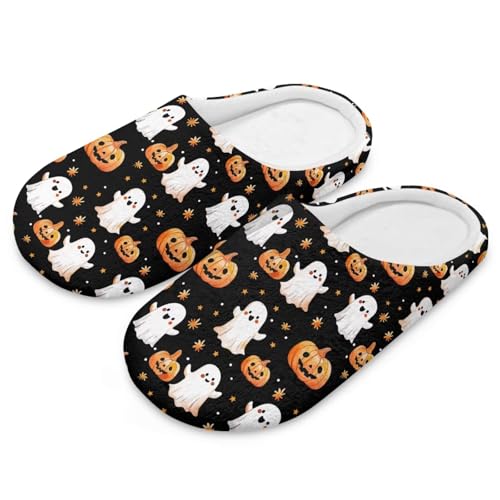 Uacyareni Halloween Damen Pantoffeln Süßer Geist Kürbis Hausschuhe Herren Warmer Flanell Bequem Flauschig Flach Leichte Freizeit Slipper-40-41 von Uacyareni