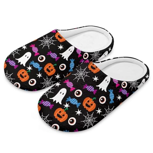 Uacyareni Halloween Damen Pantoffeln Süßer Geist und Kürbis Blumenmuster Cartoon Bequem Flauschig Flach Leichte Freizeit Slipper-44-45 von Uacyareni