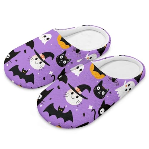 Uacyareni Halloween Damen Pantoffeln Zeichentrickfigur Katze und Fledermaus Hausschuhe Herren Warmer Flanell Slippers Für Männer-40-41 von Uacyareni
