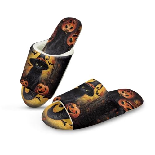 Uacyareni Halloween Hausschuhe Für Damen Herren Winter Plüsch Wärme Pantoffeln Katze und Kürbis Hausschuhe Offene Zehen-38-39 von Uacyareni