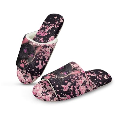 Uacyareni Katze Kirschblüte Weihnachts Hausschuhe Damen Warm Plüsch Kuschelige Offene Fersen Pantoffeln für Indoor-46-47 von Uacyareni