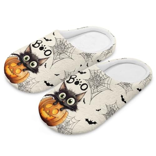 Uacyareni Lustiges Gesicht Kürbis Süße Katze Halloween Hausschuhe Für Damen Herren Winter Plüsch Wärme Pantoffeln-40-41 von Uacyareni