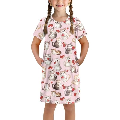 Uacyareni Mädchen-Nachthemd 3-4 5-6 7-8 9-10 11-12 13-14 Kurzarm Nachtwäsche, Cartoon Katze, 5-6 Years von Uacyareni