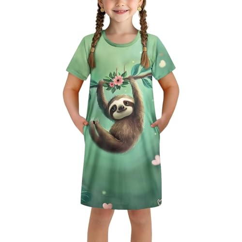 Uacyareni Mädchen-Nachthemd 3-4 5-6 7-8 9-10 11-12 13-14 Kurzarm Nachtwäsche, Faultier, 7-8 Years von Uacyareni