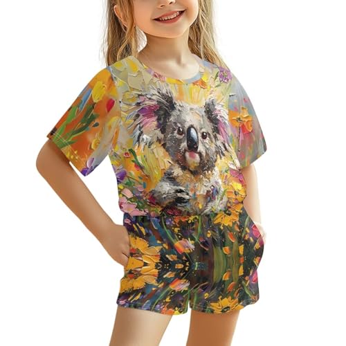 Uacyareni Mädchen-Schlafanzug, Sommer-Shorts, 2er-Pack, Nachtwäsche, T-Shirt, kurz, 3–16, Koala-Ölgemälde, 12 Jahre von Uacyareni