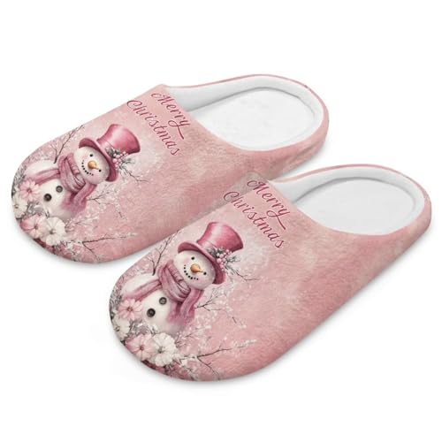 Uacyareni Süßer Schneemann Rosa Blumenmuster Hausschuhe Damen Weihnachten Winter Pantoffeln Weihnachts Hausschuhe Damen-36-37 von Uacyareni