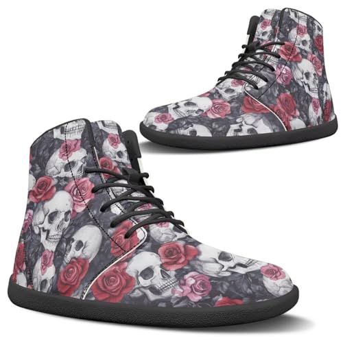 Uacyareni Totenkopf und Rose Hoch Oben Leder Wanderschuhe rutschfest Leder Damenschuhe Lässige Barfußschuhe Schnürschuhe Wanderschuhe-41EU von Uacyareni