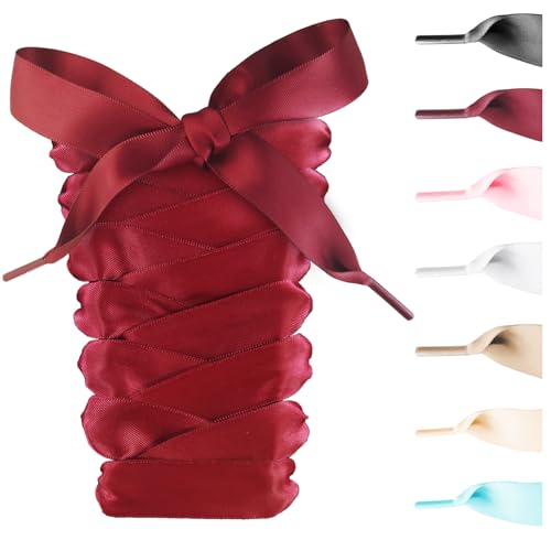 UamGlsob Satin Ribbon Flache Schnürsenkel, 2cm Breit Bunte Weiche Seiden Satinband Schuhbänder für Damen Sneakers, Turnschuhe (Burgundy,36"/90cm) von UamGlsob