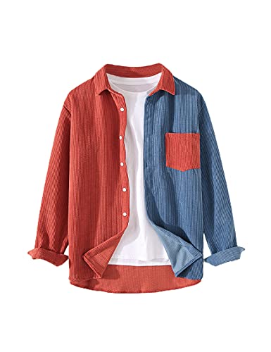 UANEO Herren Shacket Patchwork Langarm Button Down Cord Shirts für Männer, #1 Orange, L von Uaneo