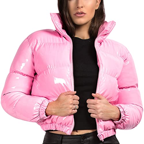 Uaneo Damen Cropped Puffer Jacke Winter Glänzend Zip Up Kurz Bubble Puffy Mäntel, rose, X-Large von Uaneo