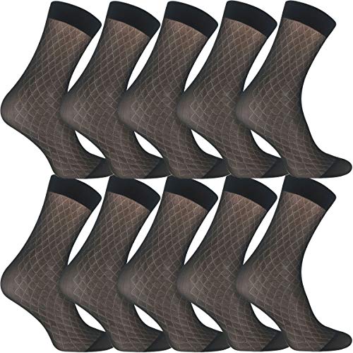 10 Paar Herren Ultra Dünne Kleid Socken Seide Sheer Business Socken Weich Nylon Arbeitshose Sox Mid Calf, 10 schwarze Rhombus, Einheitsgröße von Uaussi