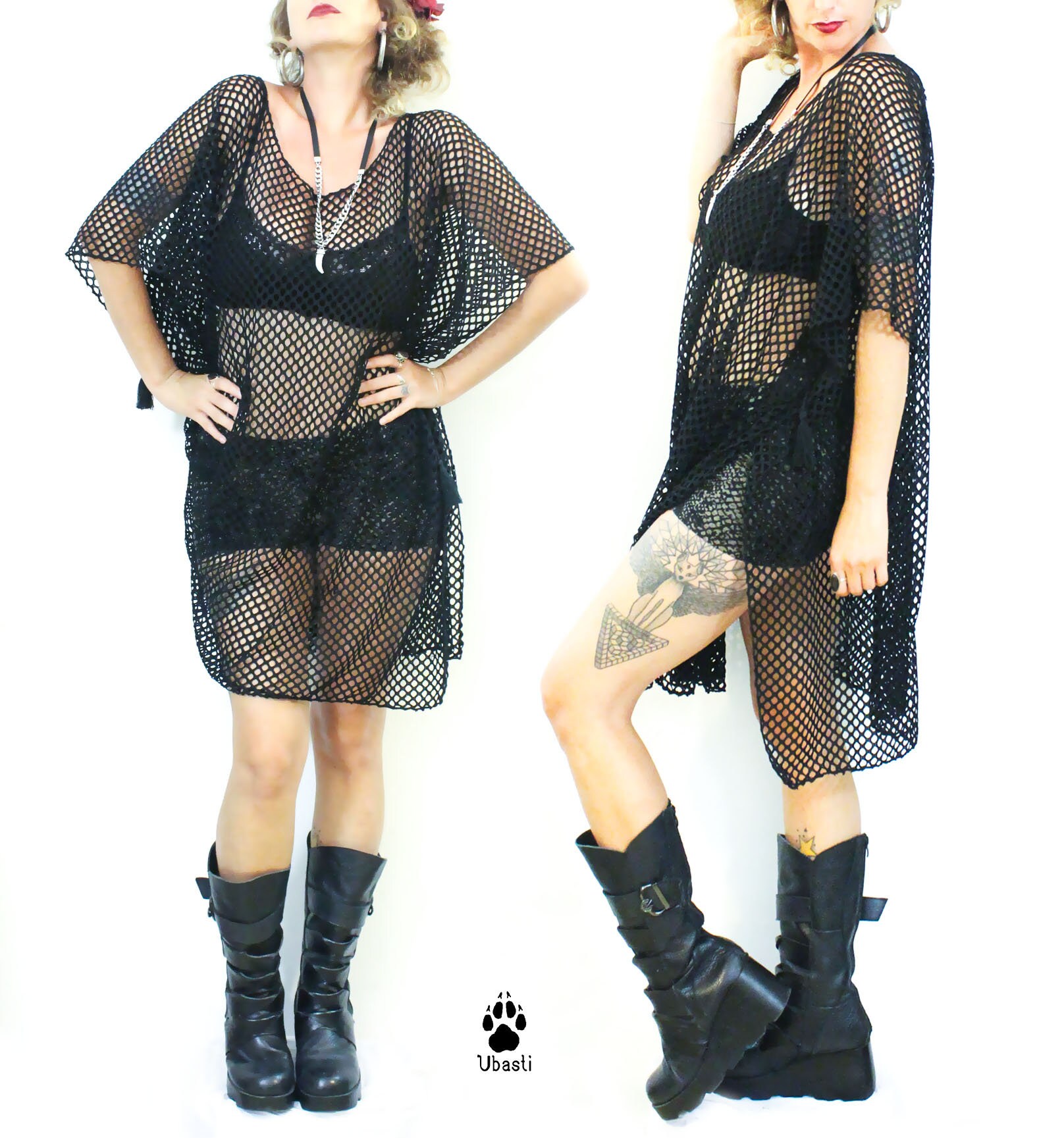 Oversize Fish Net Punk Goth Dunkelschwarz Kleid Tunika von UbastiCollection