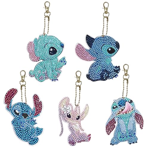 Ubephant Stitch Diamond Painting Set, DIY Schlüsselanhänger 5Pcs, Stitch Anhänger Schlüsselanhänger 5D Diamond Painting Kunsthandwerk Kinder Schlüsselanhänger Geschenke für Mädchen Fans von Ubephant