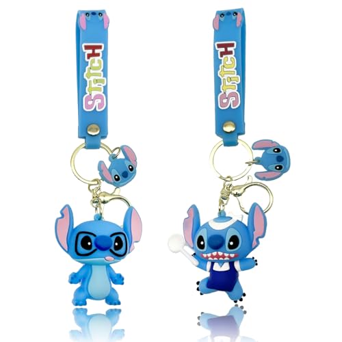 Ubephant Stitch Schlüsselanhänger, Stitch Anhänger, Stitch Figuren Schlüsselring, 2 Teiliges Set Cartoon Schlüsselbund Karikatur Blau Cartoon Anime Kinder Schlüsselanhänger Tasche Anhänger Zubehör von Ubephant