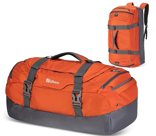 Ubon Large 65L Unisex Duffle Bag Männer und Frauen Weekender Taschen mit Laptop Storage Vented Wäscherei Schuhfach Kompression Riemen Reiseausrüstung für Wandern Camping Strand Ausflüge Gym Orange 65L von Ubon