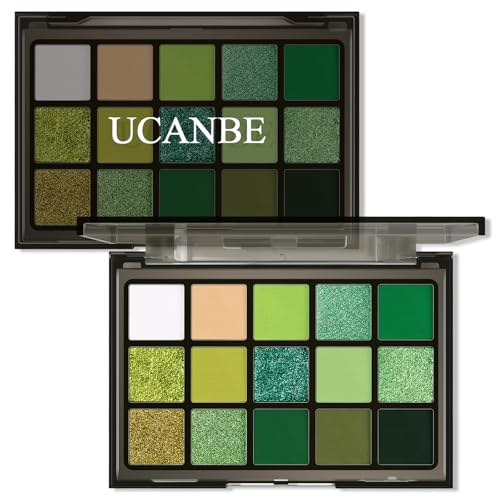 UCANBE Grüne Lidschatten Palette, 15 Farben Helles Dunkelgrün Schimmernd Matt Metallisch Glitter Makeup Palette, Wald Smaragd Kalk Lidschatten Palette Set für Cosplay Partys Weihnachten Halloween von Ucanbe