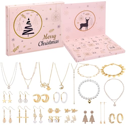 Ucouper Adventskalender Schmuck Frauen Halskette Mädchen Weihnachtskalender Armband Weihnachten Ohrringe Damen Ringe Geschenk Teenager Gold von Ucouper