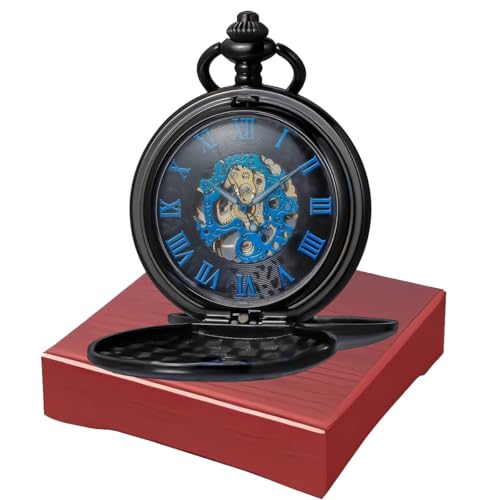 Mechanische Skelett-Taschenuhr im Vintage-Stil mit römischen Ziffern – Handaufzug Unisex-Design & Holz-Geschenkbox für Männer und Frauen, Schwarz von Udaney