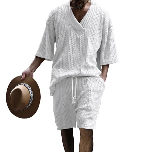 2-Piece Men's Summer Plain Muslin Sports Suit Linen Two-Piece Short Sleeve Button-Up Lapel Shirt and Shorts Set Jogging SuitTracksuit Hawaii Outfit Men V-Neck 3/4 Tops Drawstring Suits 2 Piece von Udbeksid